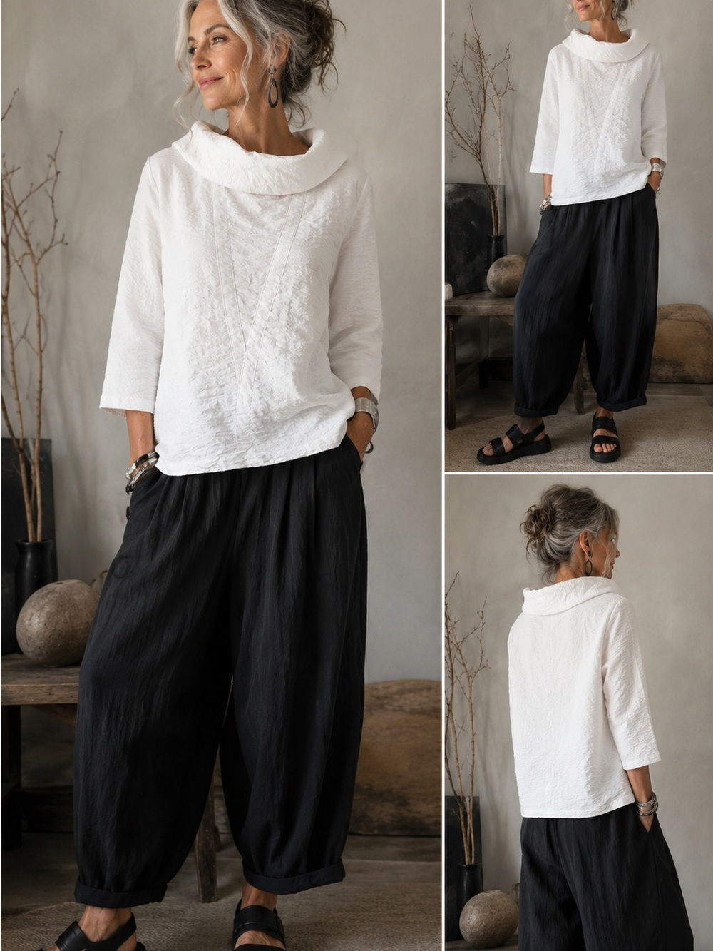 Amelline White Crinkle Sculptural Cowl Collar Lagenlook Artsy Top M